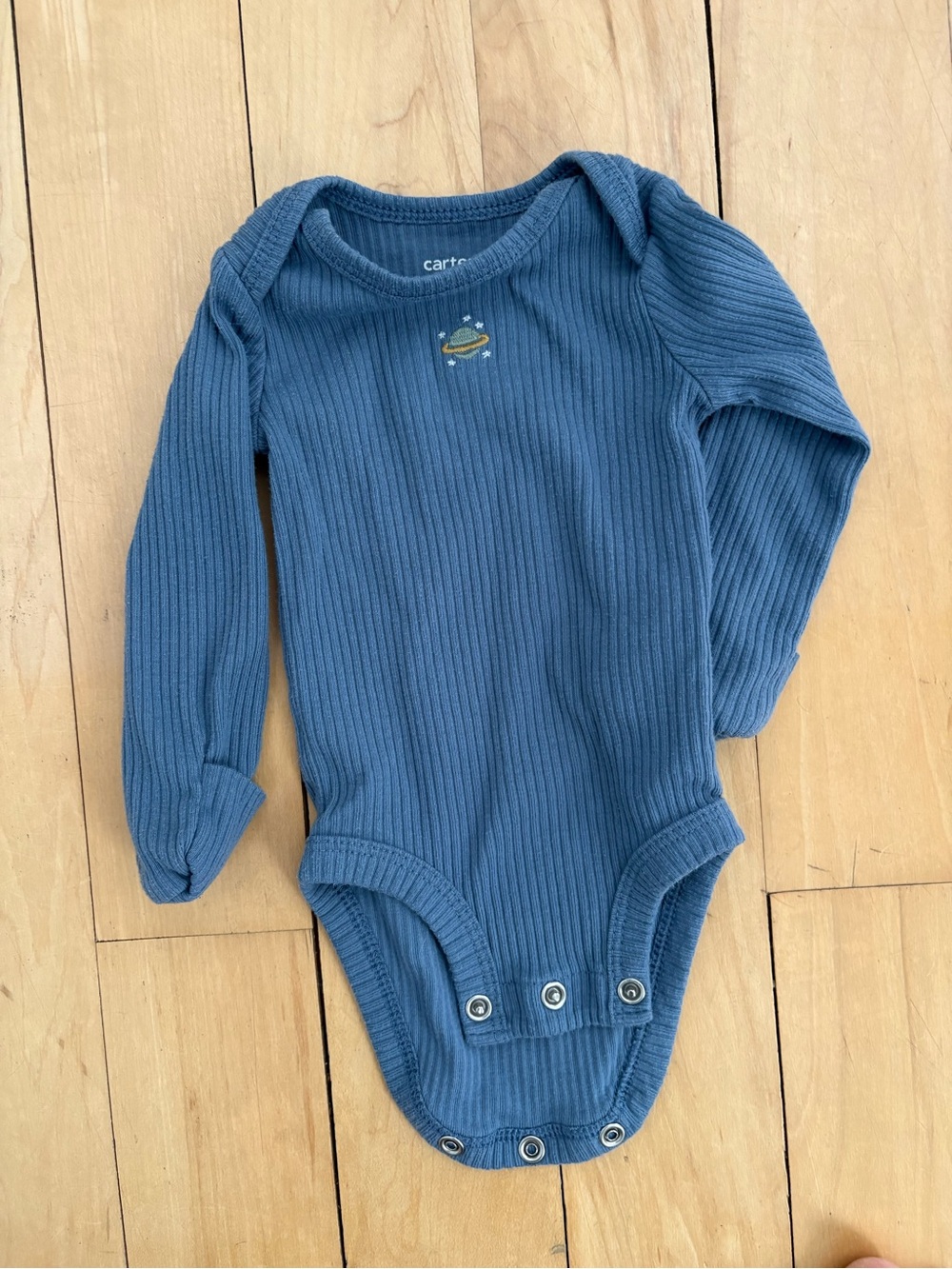CARTER’S | Blue Ribbed Long-Sleeve One-Piece Bodysuit Planet Embroidery